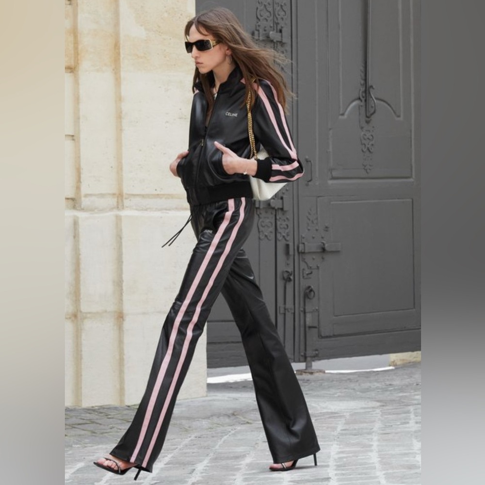 Celine Black Leather Pants Joggers with Stripes sz 38. SS2024